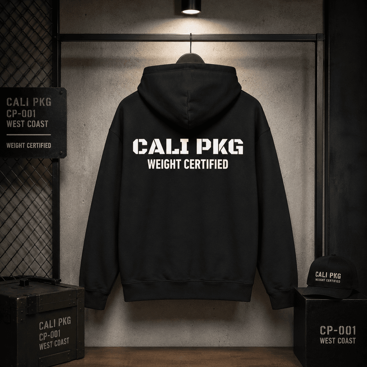 CP-001 Heavyweight Hoodie in black — product back, CALI PKG WEIGHT CERTIFIED