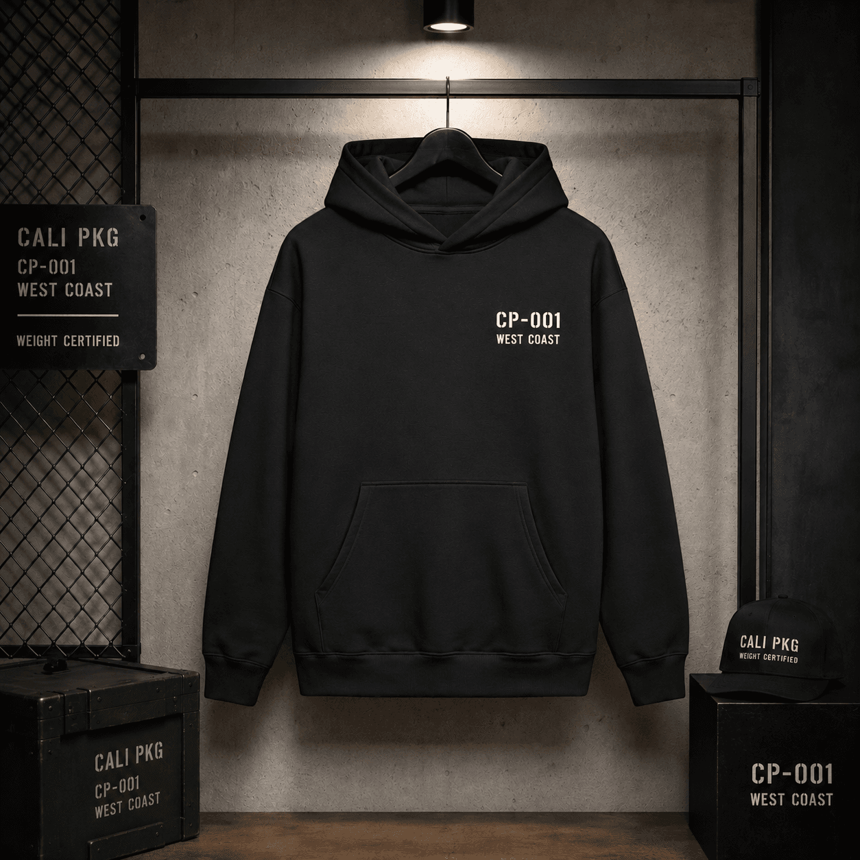 CP-001 Heavyweight Hoodie in black — product front, CP-001 WEST COAST chest print
