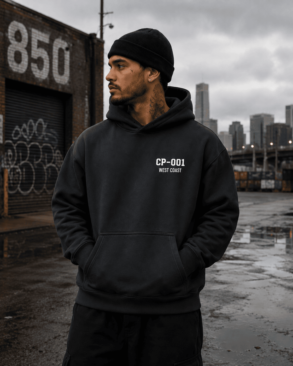 CP-001 Heavyweight Hoodie in black — front print CP-001 WEST COAST