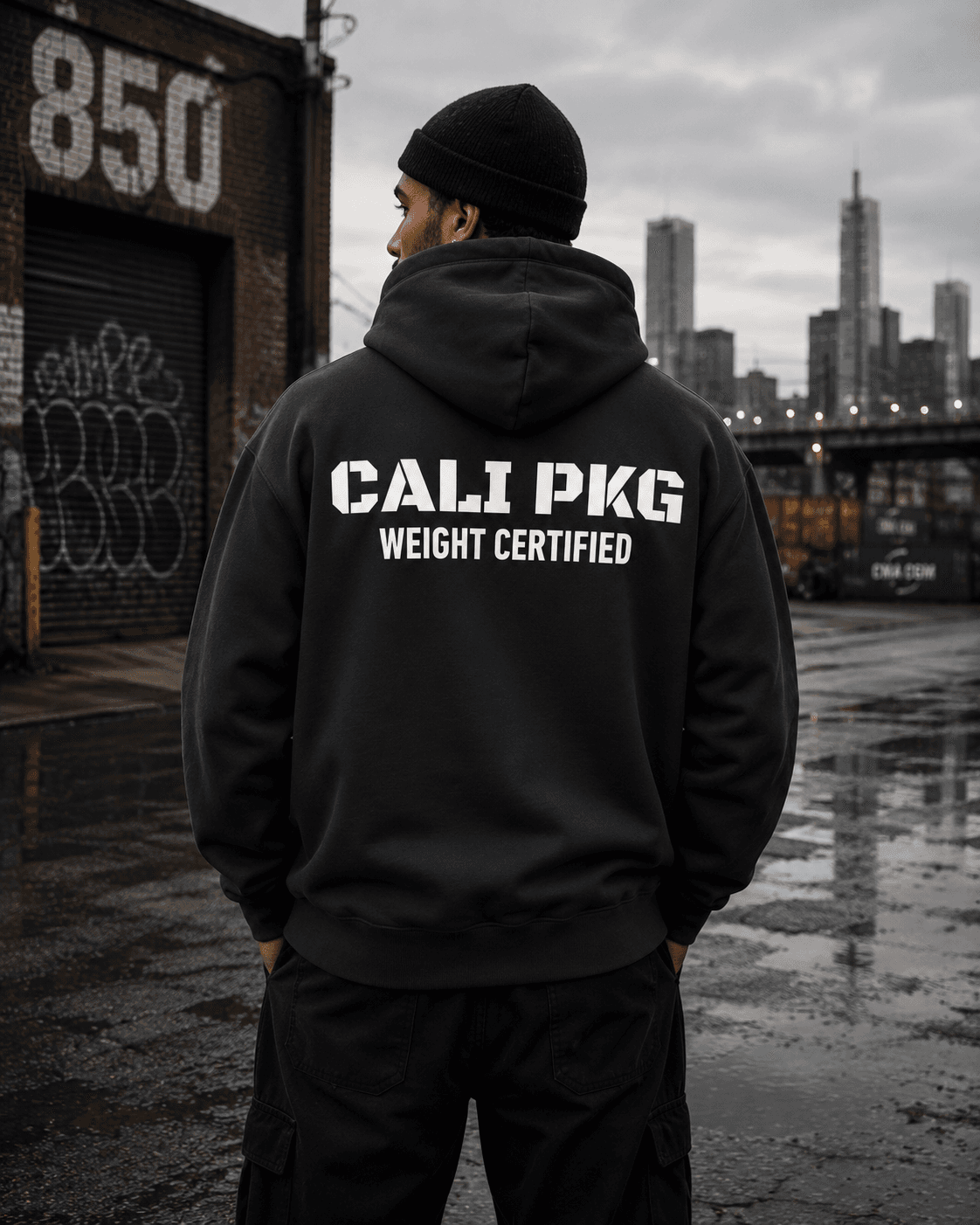 CP-001 Heavyweight Hoodie in black — back print CALI PKG WEIGHT CERTIFIED